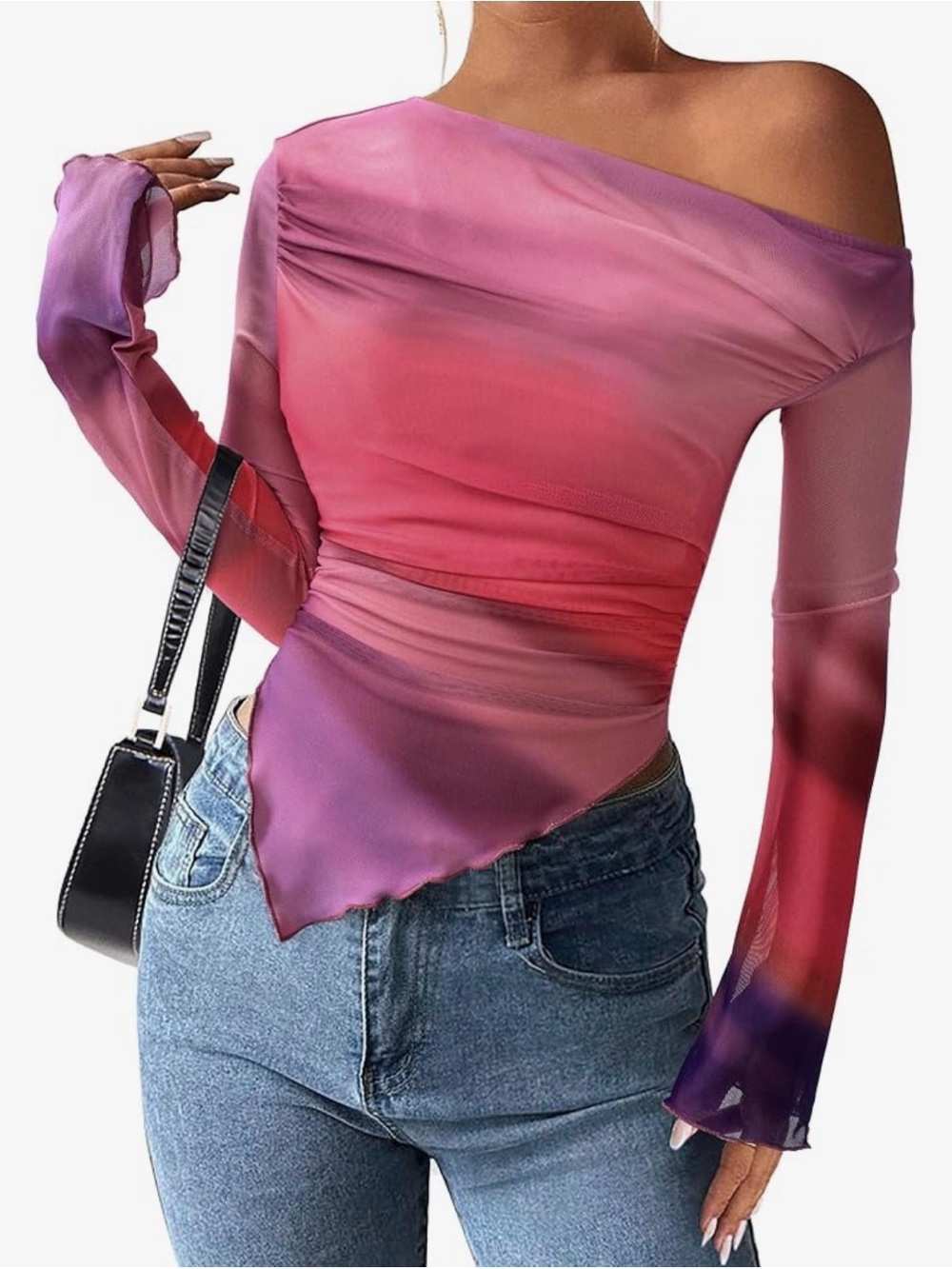 Prettygarden Off-Shoulder Ombre Pink Purple Women’s Top